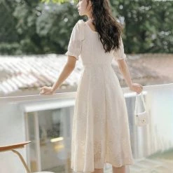 Juwas NEW ARRIVAL French Vintage Square Neck Bowknot Dress