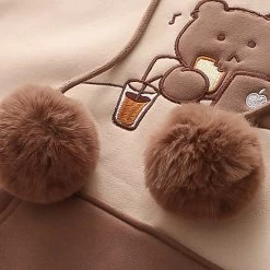 Juwas CLOTHING Bear Embroidery Drawstring Pocket Hoodie