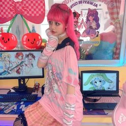 Juwas NEW ARRIVAL Japanese Animal Girls Print Sailor Collar Loose T-shirt