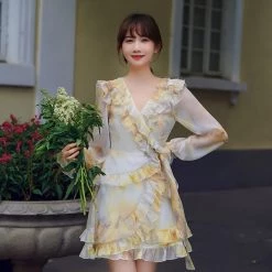Juwas French Yellow Lotus Ruffle Mini Dress CLOTHING