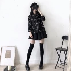 Juwas NEW ARRIVAL Square Pattern Black Ruffle Blouse Shirt