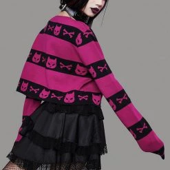 Juwas Gothic Cat Black Pink Knitted Sweater Top CLOTHING