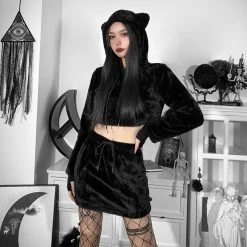 Juwas Gothic Faux Fur Hoodie Crop Top And Mini Skirt Set CLOTHING
