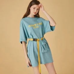 Juwas NEW ARRIVAL Letters Printed Loose T-shirt With Belt And Pocket