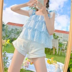 Juwas Blue Flower Polka Dot Ruffle Sleeveless Blouse