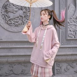 Juwas Kawaii Sweet Pink Spring Embroidery Loose Hoodie