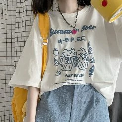 Juwas Summer Bear Letter Print Round Collar T-shirt