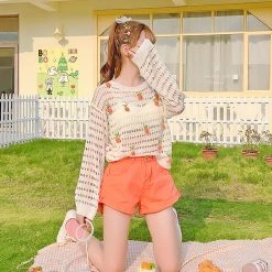 Juwas NEW ARRIVAL Strawberry Mesh Hole Loose Sweater Blouse