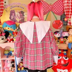 Juwas Harajuku Plaid Doll Collar Loose Shirt CLOTHING