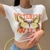 Juwas Butterfly Letters Print Tattered Crop Top NEW ARRIVAL