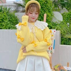 Juwas Yellow Knitted Ribbon Sleeve Collared Sweater NEW ARRIVAL