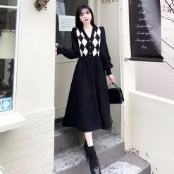 Juwas Checkered Pattern Button Up Midi Dress