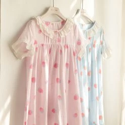 Juwas Sweet Strawberry Cotton Sheer Nightgown- Pink And Blue 12 Juwas Sweet Strawberry Cotton Sheer Nightgown- Pink And Blue
