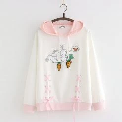 Juwas Cute Cartoon Rabbit Carrot Print Lace Up Hoodie CLOTHING