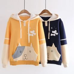 Juwas Cute Puppy Print Pocket Velvet Hoodie