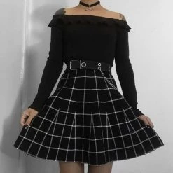 Juwas CLOTHING Gothic High Waist Black Plaid Skirt