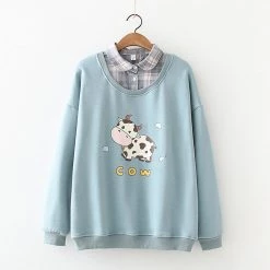 Juwas CLOTHING Cartoon Cow Print Fake Two Piece Sweatshirt