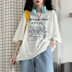 Juwas Summer Bear Letter Print Round Collar T-shirt