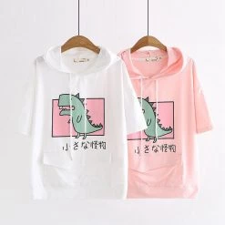 Juwas NEW ARRIVAL Cartoon Dinosaur Japanese Letters Print Front Pocket T-shirt