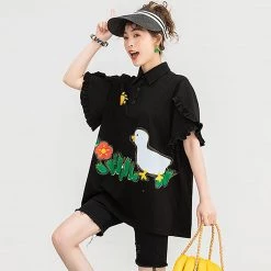 Juwas Flower Duck Print Loose T-shirt CLOTHING