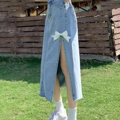 Juwas Bowknot High Waist Slit Skirt