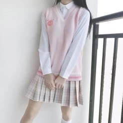 Juwas CLOTHING Kawaii Baby Pink Knitted School Uniform Vest