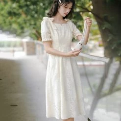 Juwas NEW ARRIVAL French Vintage Square Neck Bowknot Dress