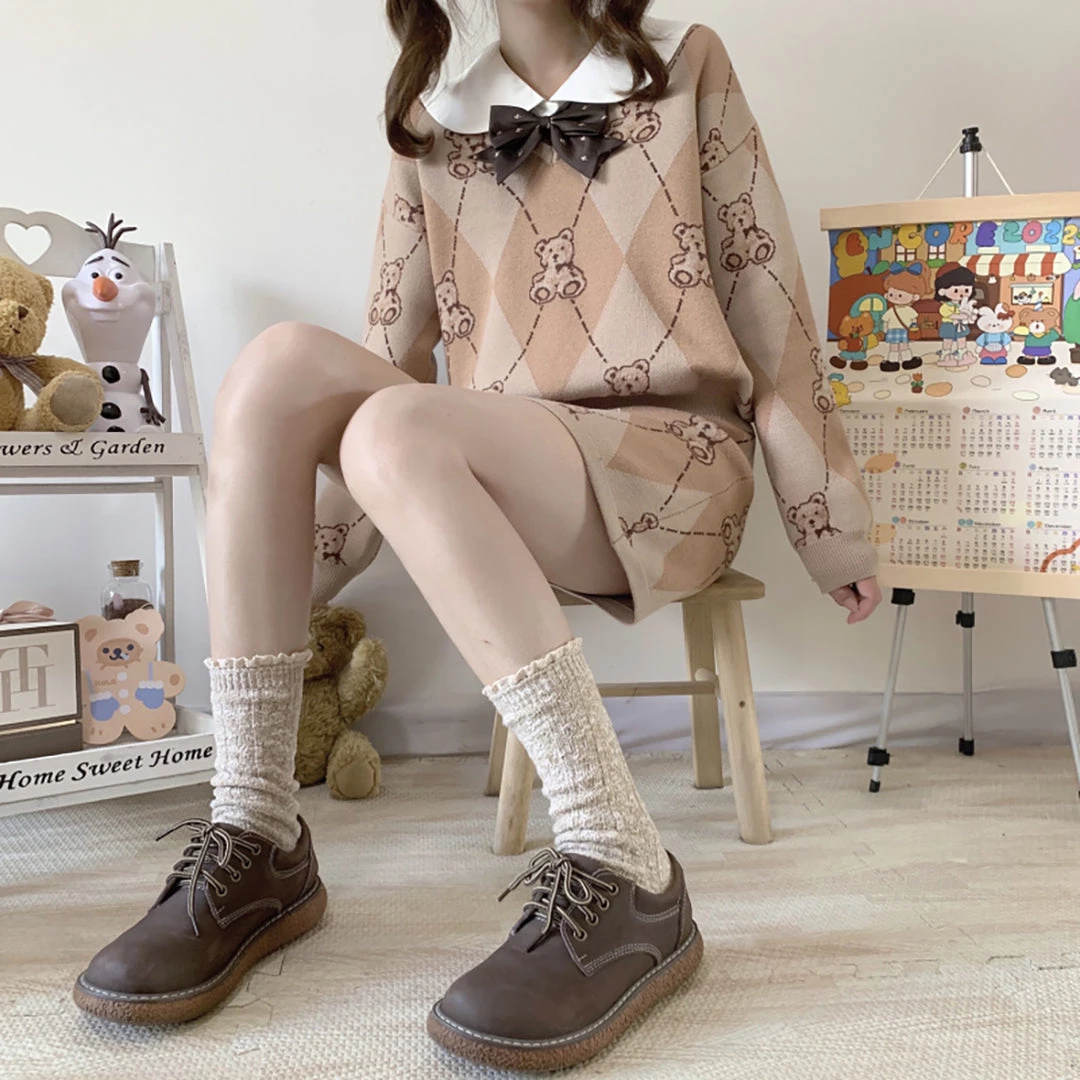 Juwas NEW ARRIVAL Vintage Cute Bear Diamond Pattern Sweater Skirt Set 6 Juwas NEW ARRIVAL Vintage Cute Bear Diamond Pattern Sweater Skirt Set