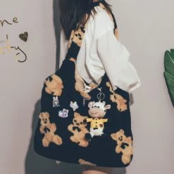 Juwas Kawaii Bear Prints Plush Shoulder Bag