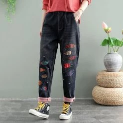 Juwas Pants Retro Fishes Embroidery Elastic Waist Jeans