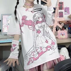 Juwas Anime Sad Mecha Girl Graphic Loose Tee Shirt NEW ARRIVAL