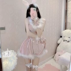 Juwas CLOTHING Sexy Lace Bunny Fur Lining Mini Dress