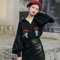 Juwas Vintage Style Embroidery Black Shirt