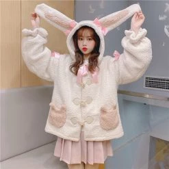 -Juwas Cute Rabbit Ears Horn Buckle Warm Coat