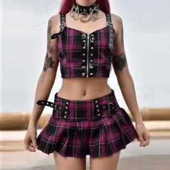 Juwas CLOTHING Gothic Purple Zip Up Cropped Top Skirt