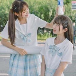 Juwas School Girl JK Uniform Sky Blue Plaid Bow Ties