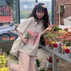 Juwas NEW ARRIVAL Vintage Flowers Print Loose Cotton T-shirt