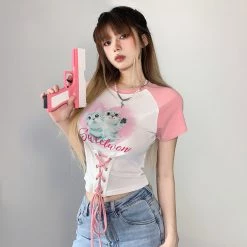 Juwas NEW ARRIVAL Kitties Printed Lace Up Tops