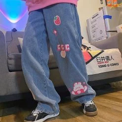 Juwas NEW ARRIVAL Sweet Bunny Hearts Patched Denim Loose Jeans