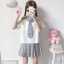 Juwas NEW ARRIVAL Cartoon Paw Embroidery Sailor Collar Summer T-shirt