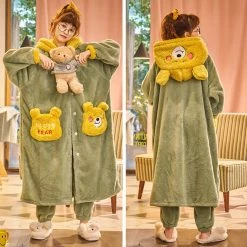 Juwas Kawaii Yellow Bear Hooded Fluffy Sleepwear CLOTHING