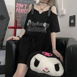 Juwas Gothic Letters Rose Print Off-The-Shoulder Long T-shirt NEW ARRIVAL