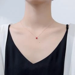 Juwas Red Heart Crystal Pendant Silver Necklace