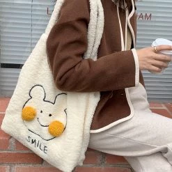 Juwas Cute Bunny Blush Pom Pom Plush Tote Bag