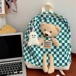 Juwas Bear Checkered Print Backpack NEW ARRIVAL