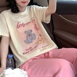 Juwas Vintage Teddy Bear Print Cotton T-shirt NEW ARRIVAL