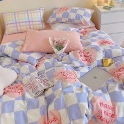 Juwas NEW ARRIVAL Love Heart Checker Bedding Set