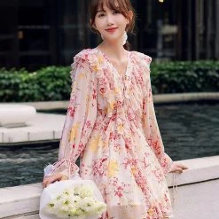 Juwas CLOTHING Pink Floral Ruffle Chiffon Mini Dress