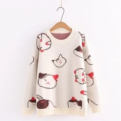 Juwas Kitty Print Round Collar Loose Sweater NEW ARRIVAL