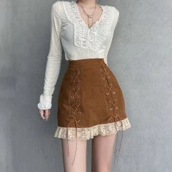 Juwas Cowgirl Lace End Corduroy Mini Skirt NEW ARRIVAL